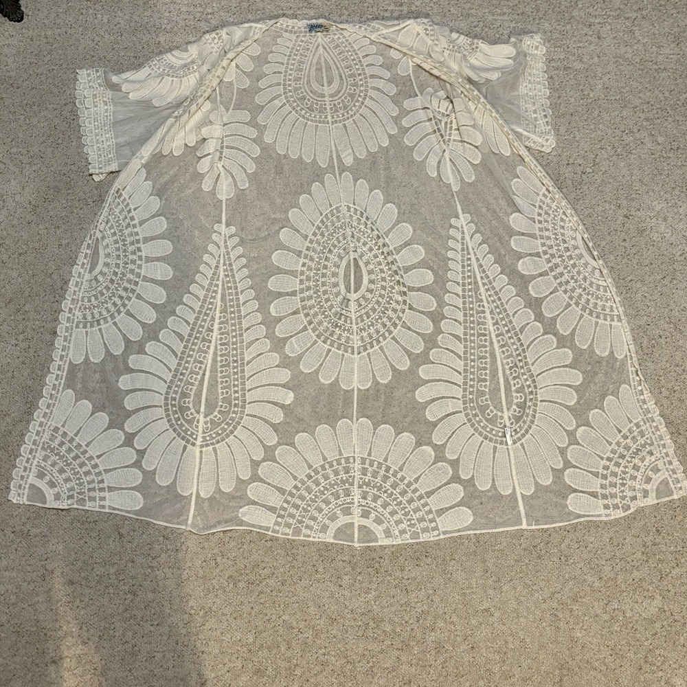 Rebellion Again Sz S Ivory Lace Sheer Kimono Duster Cardigan Boho Embroidered - Picture 6 of 12